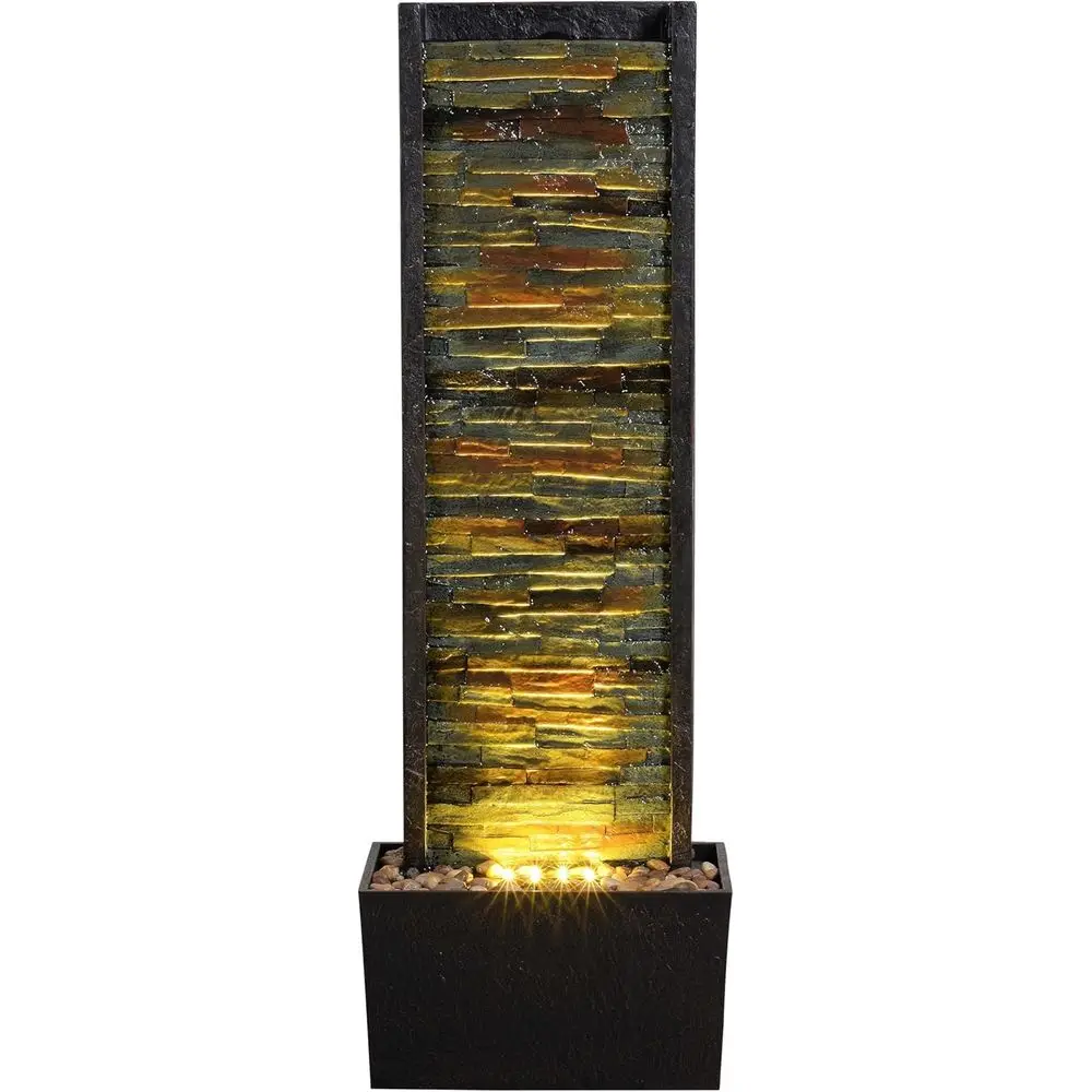 38 Inches Tall Indoor & Outdoor Water Fountain, Illuminated Stone Water Feature with LED Lights, Elegant Relaxing Landscaping Or