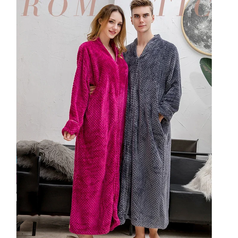 Women's Winter Thick Bathrobe Zipper Loose Fluffy Fleece Ladies Warm Dressing Gown Oversize Solid Couple Homewear Female 2024