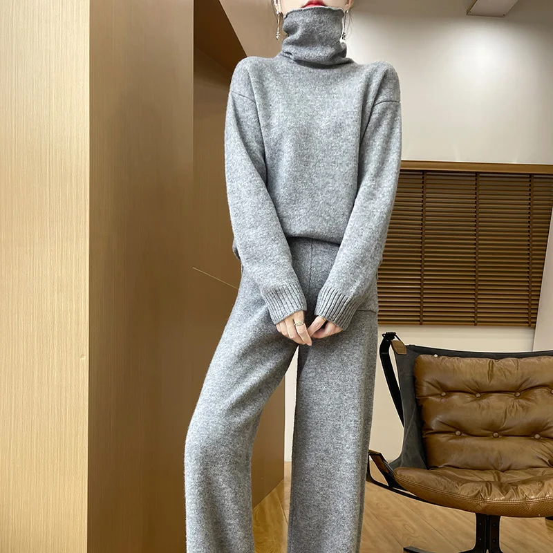 

2024 Autumn/Winter New Women's Set Two Piece Set 100% Wool Knitted High Collar Sweater Hot Selling Wool Women's Wide Leg Pants