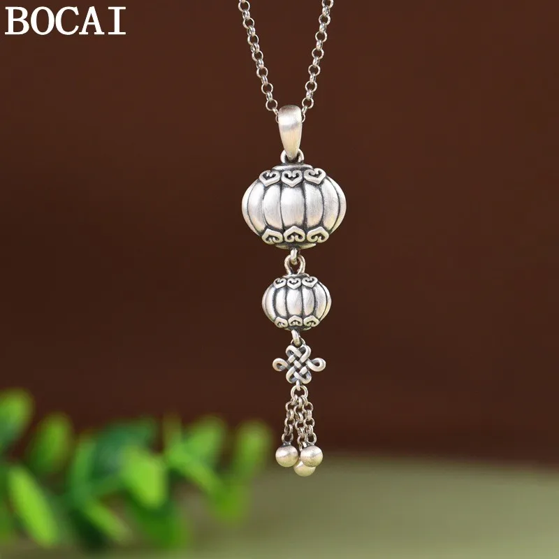 

BOCAI New S925 Pure Silver Ruyi Lantern Lucky Knot Joyful Chinese Style Tassel Pendant, Women's Selected Gift