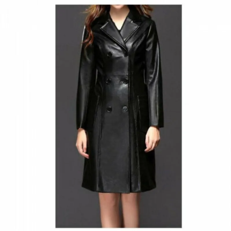 Women's Black Leather Windbreaker 100% Soft Sheepskin Double Breasted Coat European and American Fashion Trend