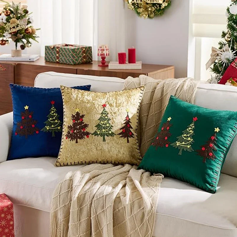 18x18 Inch Christmas Throw Pillow Cover Gold Foil Deer Tree Snowflake Cushion Case Soft Plush Xmas Holiday Home Sofa Decorative