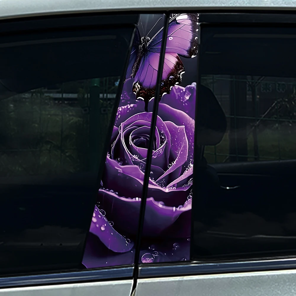 4Pcs/Set Purple Rose Butterfly Water Droprain Violet Mystical Car Center Pillar Sticker B Pillar Protective Film Decoration
