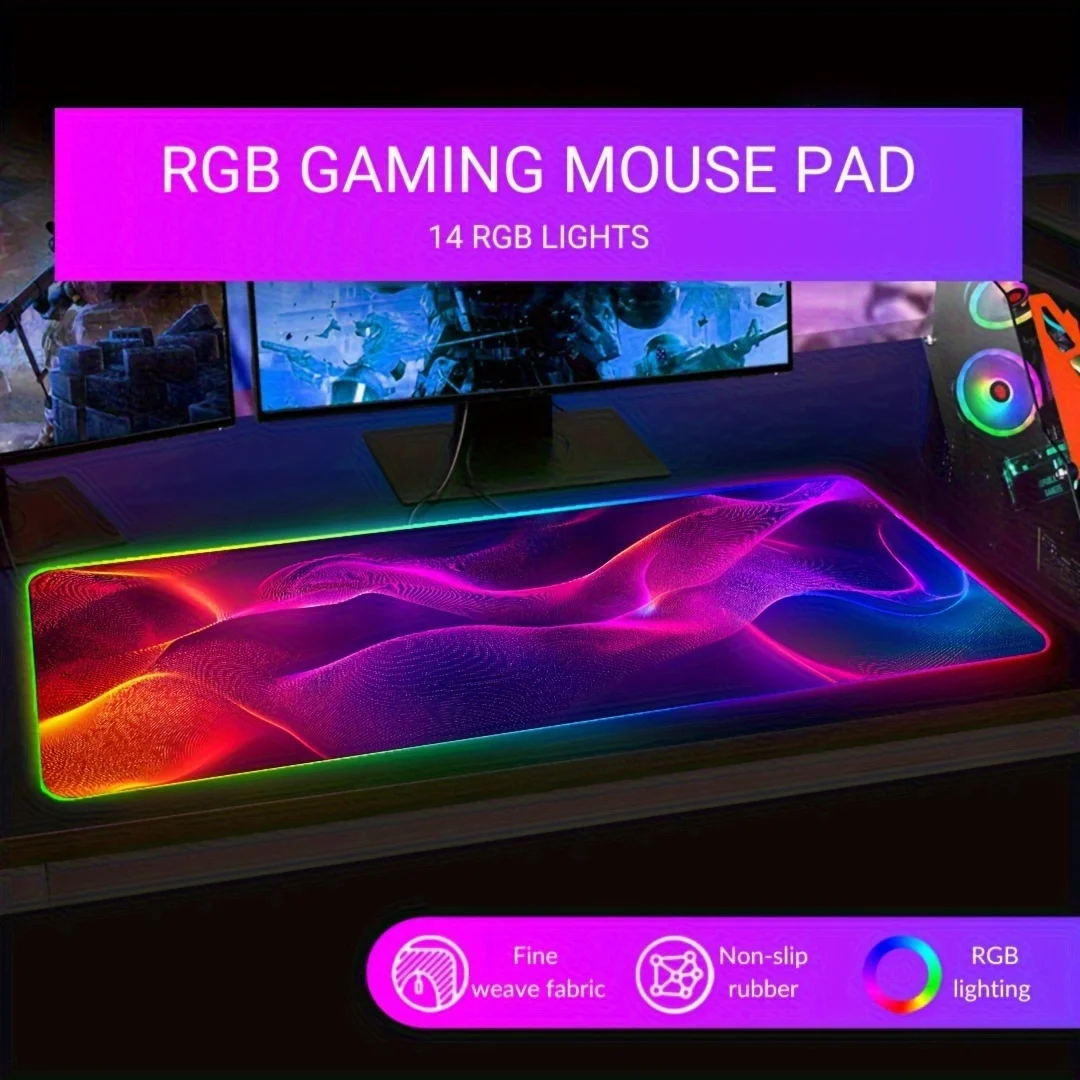RGB LED Colorful Wave Large Gaming Mouse Pad, Non-Slip Rubber Desk Mat, Waterproof Extended Keyboard Pad for PC Gamer