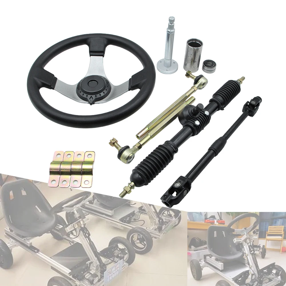

DIY 110cc Go Kart 300mm Front Steering Wheel Assembly 320/420mm Gear Rack Pinion Scalable Adjustment U joints Shaft Tie Rod Kit