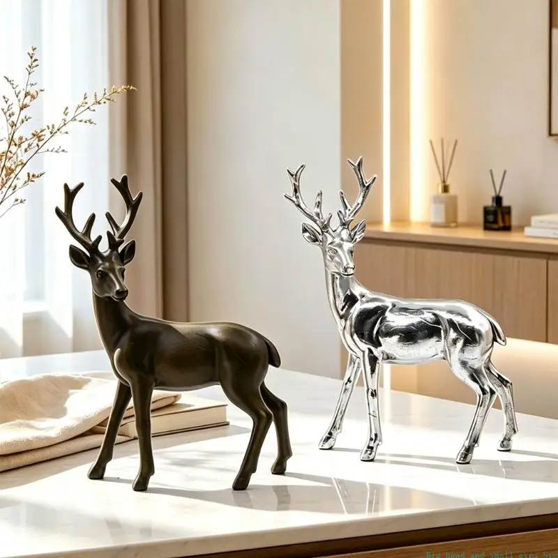 581C Christmas Deer Home Decors Figurine, Resin Holiday Tabletop Accent for Mantels Shelf Entryway and Winter Room Display
