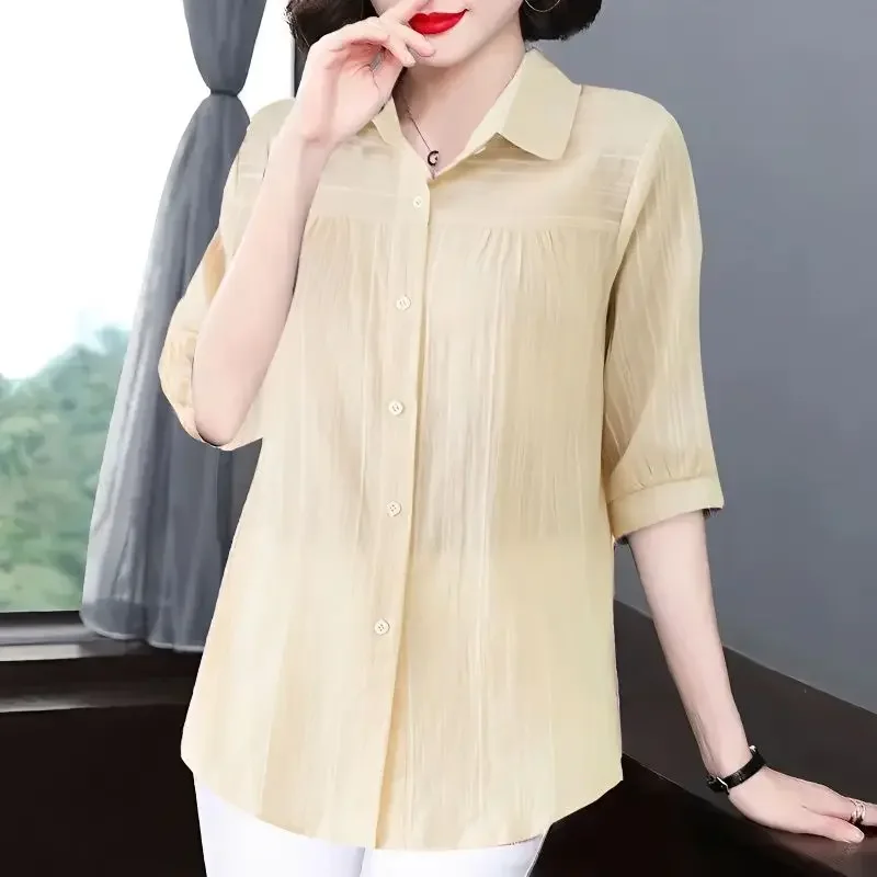 Fashion Lapel Solid Color All-match Half Sleeve Shirt Women\'s Clothing 2024 Summer New Oversized Casual Tops Office Lady Blouse