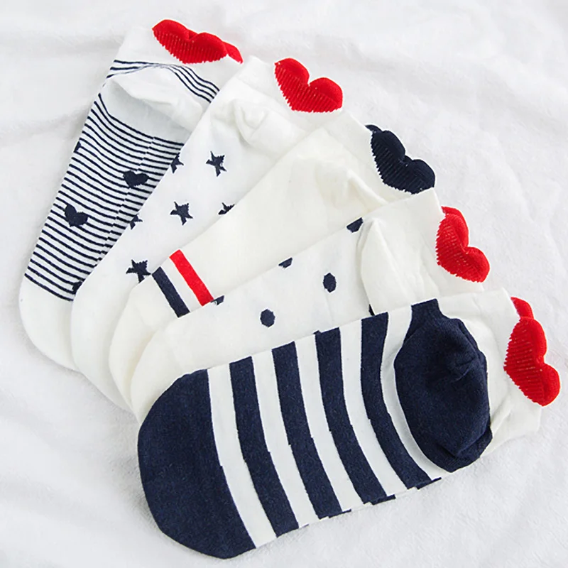 5-parowe damskie śmieszne skarpetki do kostki Nowość Moda Cartoon Heel Heart Low Cut Socks Cute Print Summer Cotton Short Socks