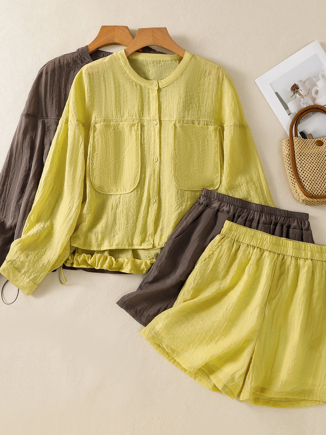 

High-End Cotton Linen Casual Set Women Summer New Fashion Loose Long Sleeve Shirt Casual Wide Leg Shorts Two Piece Set