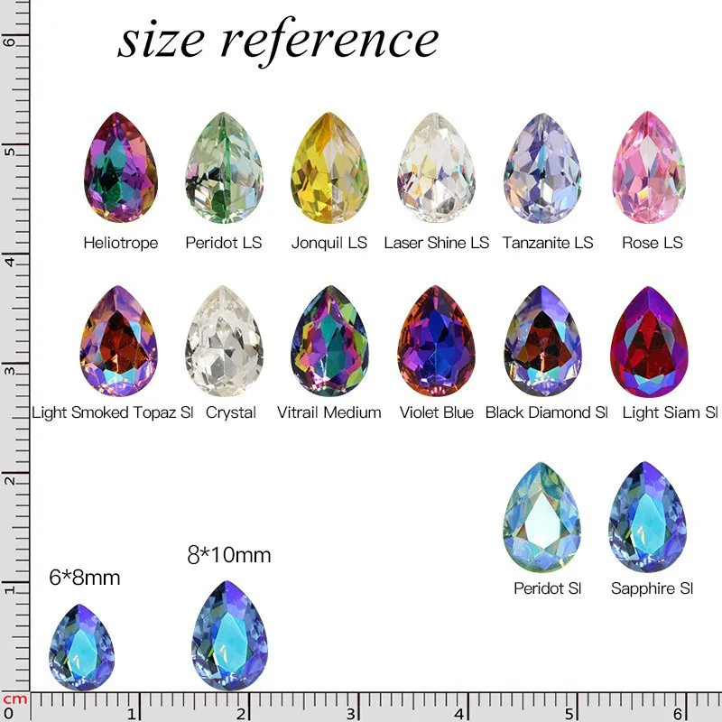 20Pcs/Lot 6x8mm7x10mm Glass crystal Water drop shape 2 sizes Nail Art Rhinestones Shining Color  Rhinestone Gem 3D Crystal