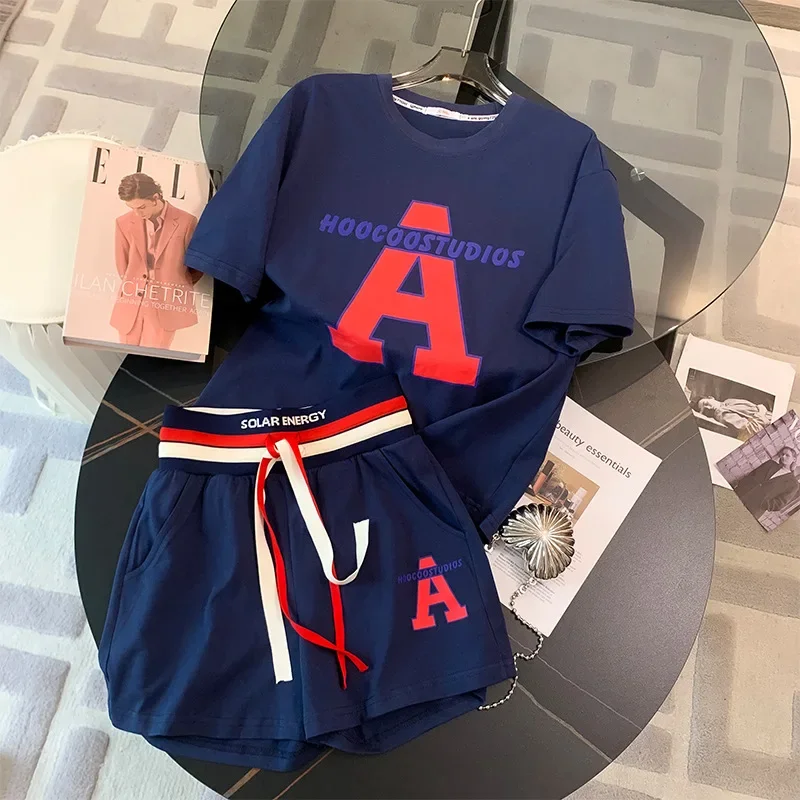 Conjunto de camiseta e shorts com carta estampada feminina, fato de treino casual feminino, roupas soltas, roupas de verão, moda, terno 2pcs, 2024
