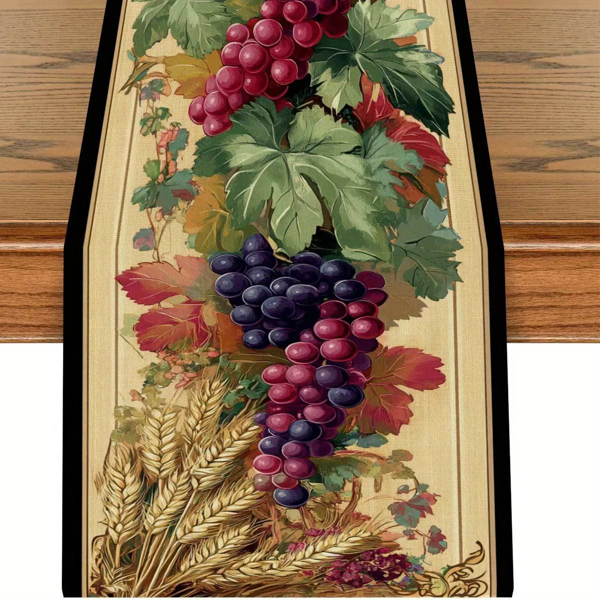 

1 Piece of Pastoral Harvest-Themed Table Runner with Grape, Wheat Ears, and Leaf Patterns, Suitable for Pastoral-Style Restaurants, Autumn Family Gatherings, Wine Tastings, Farm-Themed Parties, B&B Autumn Scenery Arrangements, Natural Soft Furnishings, Ha