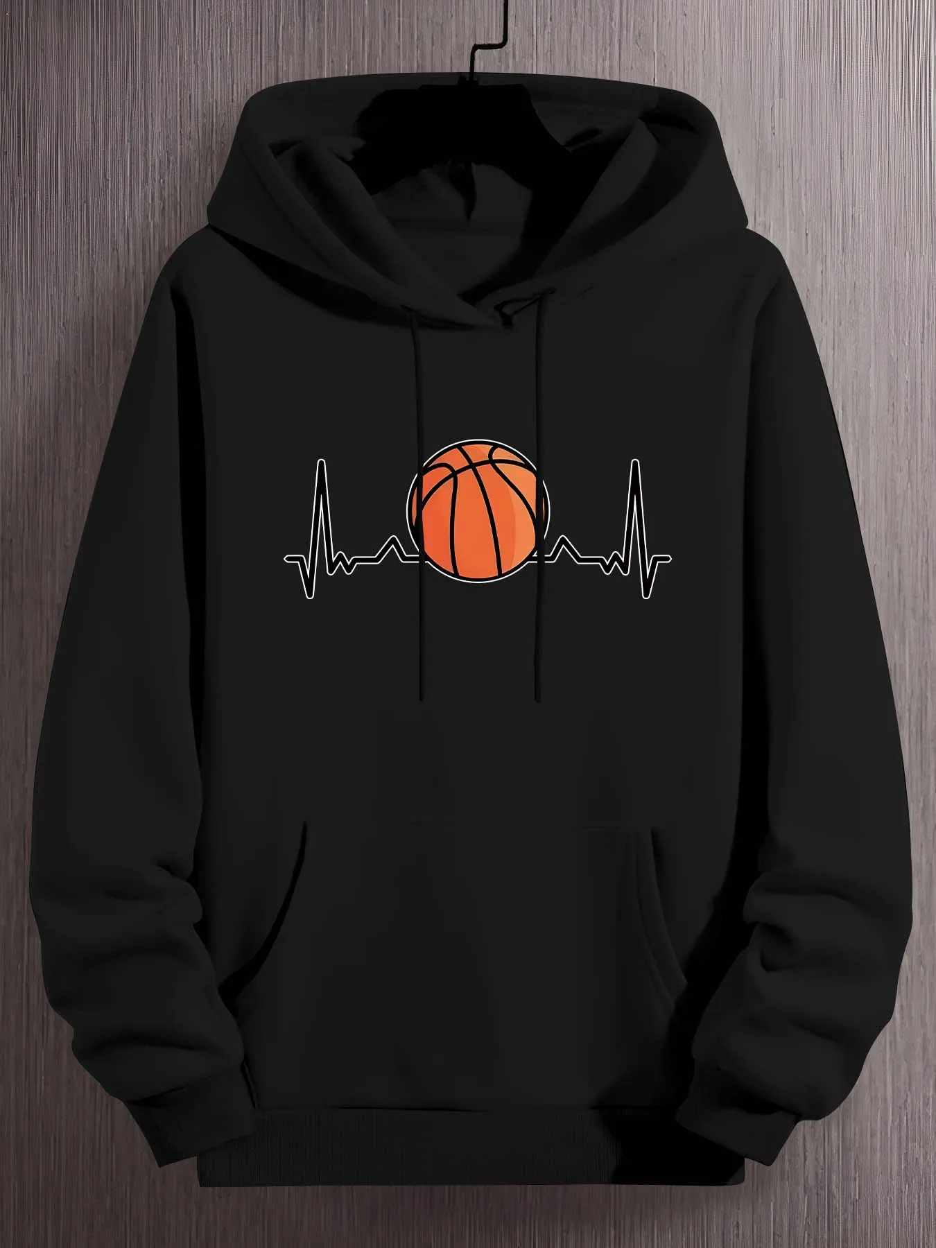 

Men's Casual Hoodie with Basketball Print, Hooded Sweatshirt with Kangaroo Pocket, Knit Fabric, Regular Fit, Street Style Sports