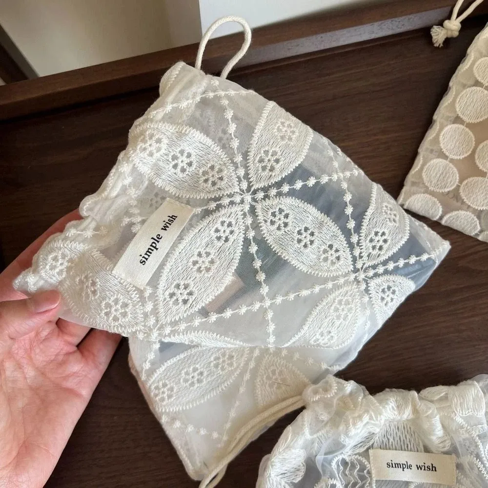 Portable Embroidery Flower Drawstring Pouch Retro Mesh Cute String Bags Multicolor Practical Lace Drawstring Storage Bag