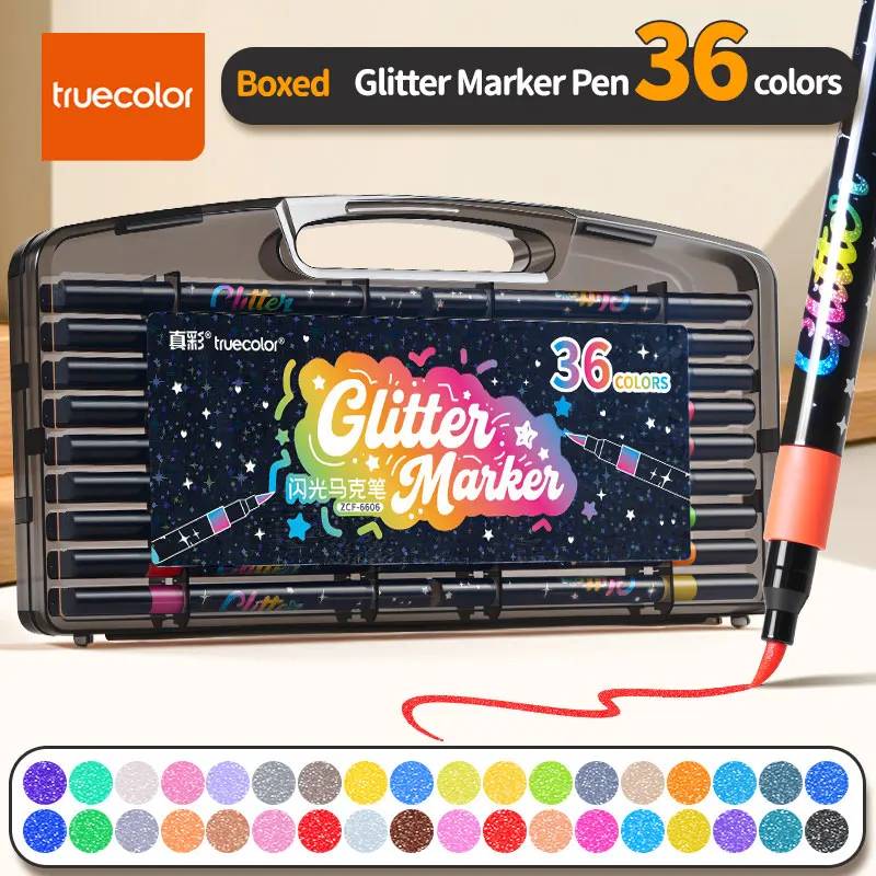 

Truecolor ZCF-6606 Flat Box Glitter Marker Pens 36 Colors Scrapbooking Graffiti Essential Student Art Special Use