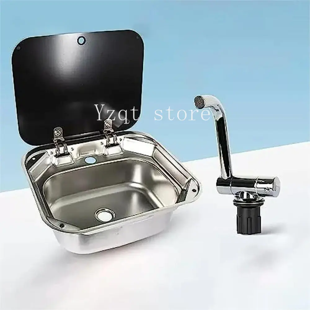 Small apartment with folding 304 stainless steel RV sink, tempered glass cover, vegetable washing square basin
