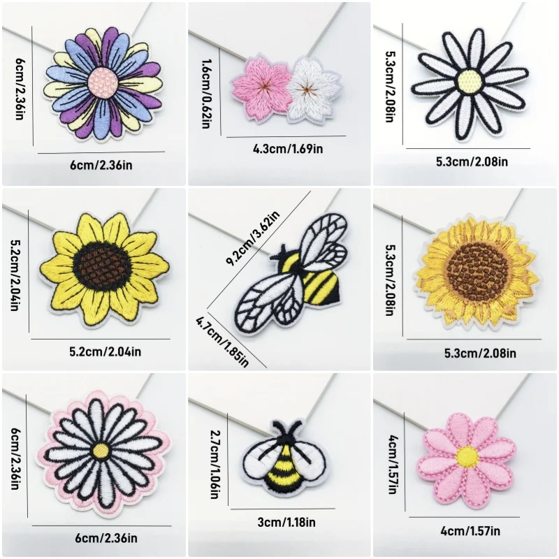 12pcs Embroideried Iron On Patches Daisy Sunflower Bee Butterfly Animal Patch Applique Repair For Jeans Hats Bags Clothing