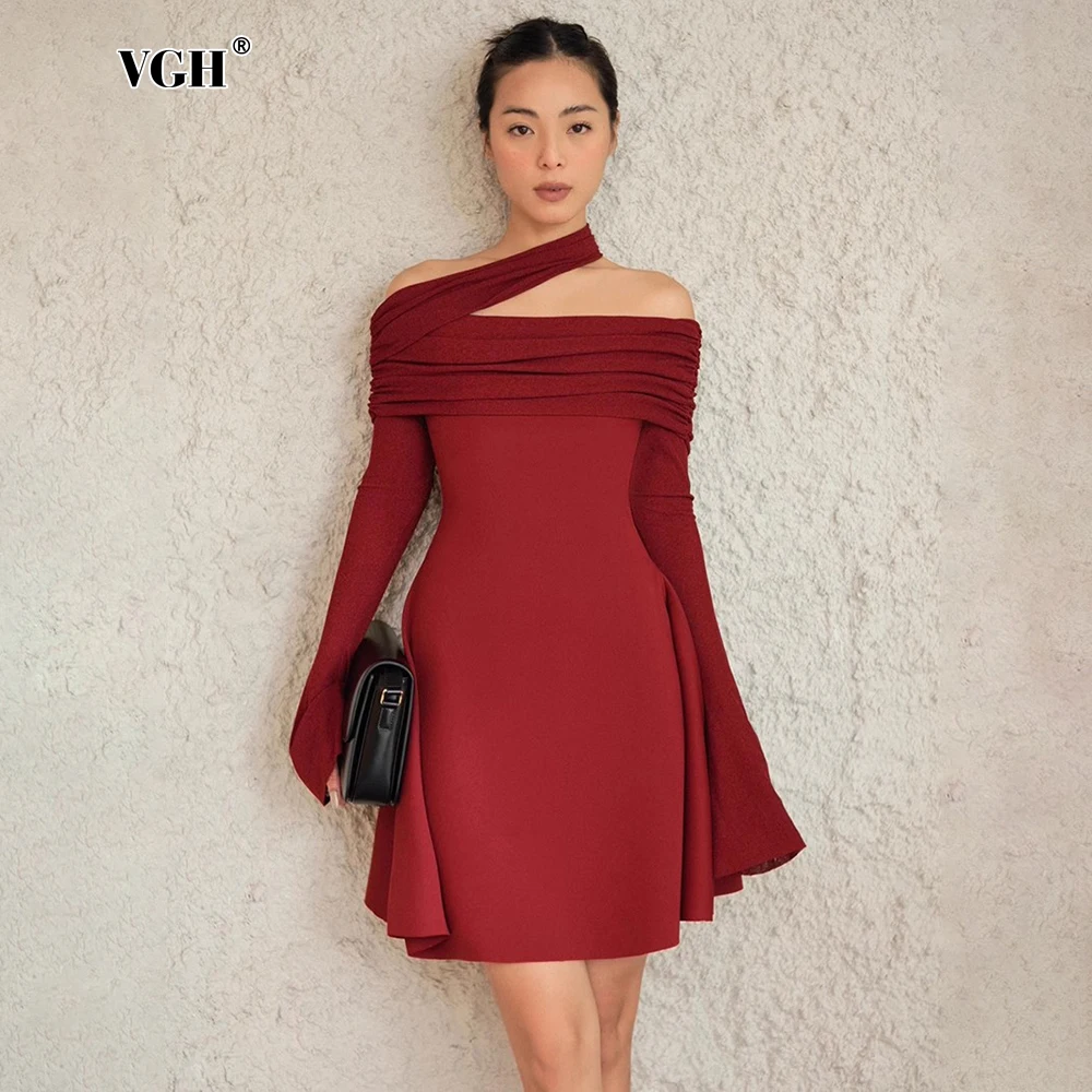 

VGH Solid Elegant Slim Chic Everning Dresses For Women Diagonal Collar Off The Shoulder Sleeve High Waist A Line Dress Female