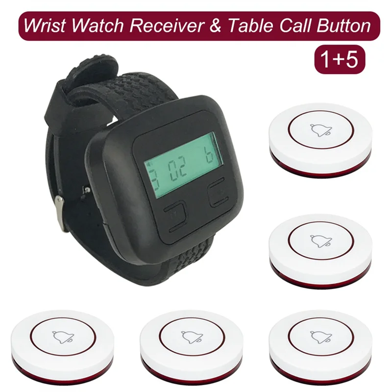 A60Z Top Wireless Restaurant Calling System 5Table Call Button Transmitters 1Watch Pager, Restaurant Waiter Service Bell Buzzer