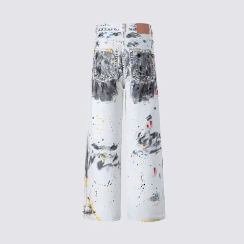 MWJLPWQ American High Street Art Graffiti Splatter Jeans Men's Hand-Painted Niched Design Wide-Leg Pants Unisex Autumn New 20264