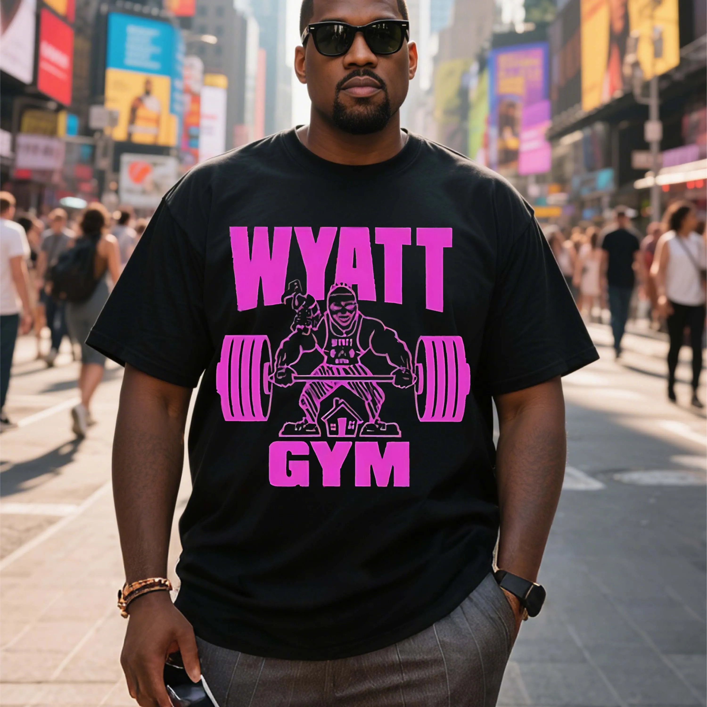 

Plus Size Black T-Shirt With“Wyatt Gym” Pattern for Fitness - Themed Men's Wear Suitable for Outdoor Leisure Wear in Summer