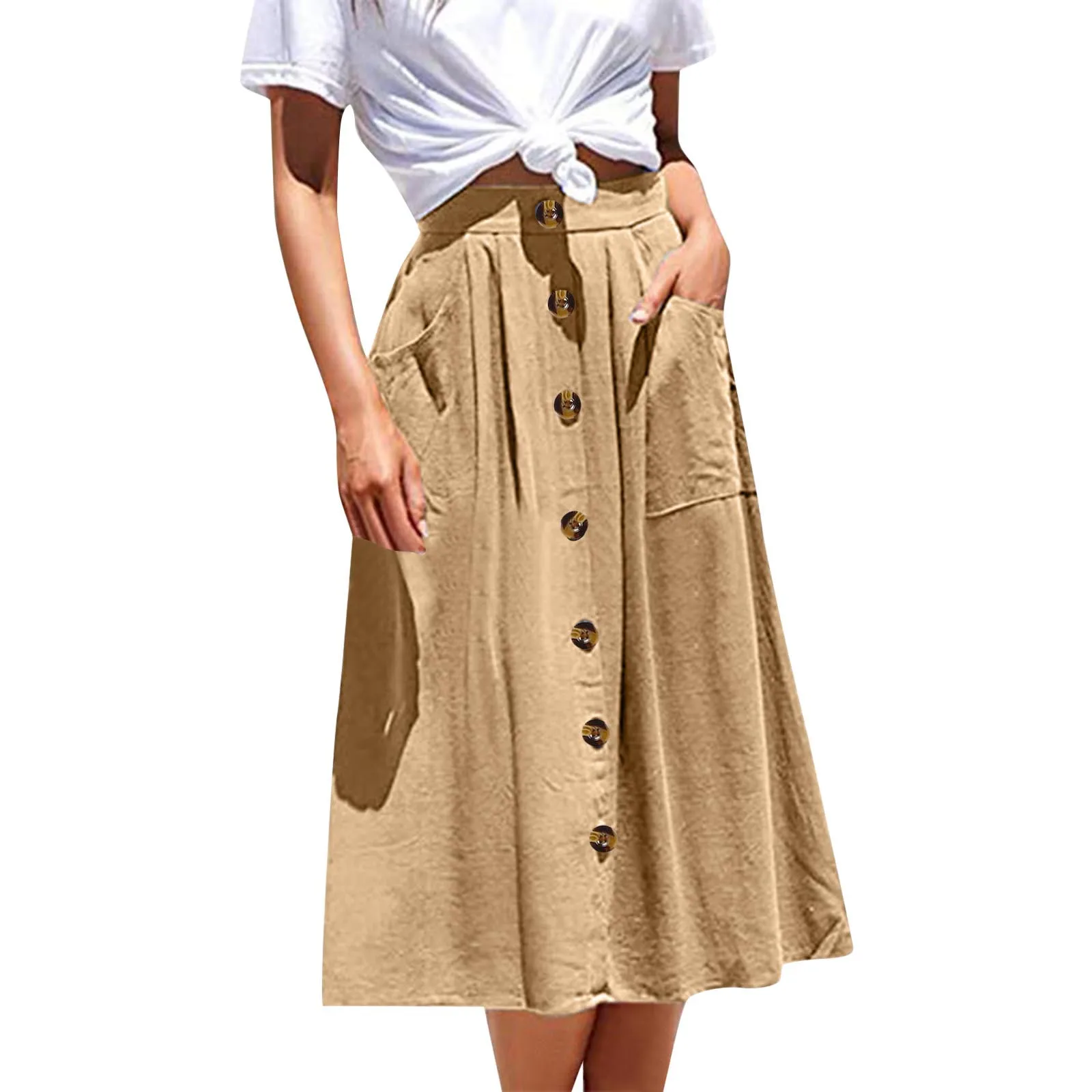 

Women Skirts 2024 Autumn Vintage High Waist Elastic Waistband Solid Color Midi Skirt Streewear Fashion Buttons A Line Skirt