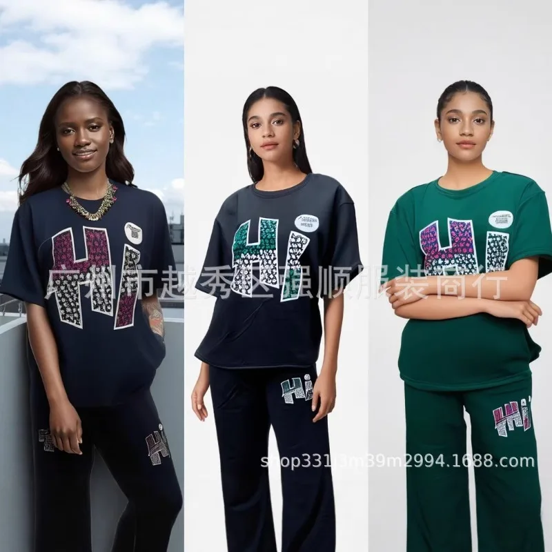 

Customized 2 Pieces Women's Sets 2025 Spring Summer Pocket Pullover Suit 3/4 Sleeve Tops And Pants Suits Two Piece Set Tracksuit