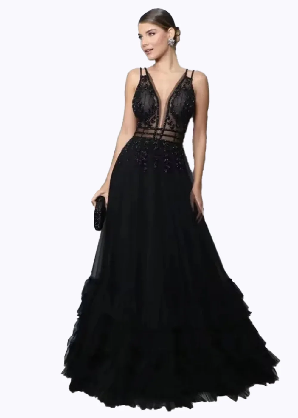 مثير السباغيتي حزام ألف خط فساتين السهرة السوداء الديكور الخامس الرقبة فستان الحفلة الراقصة المطرزة المتدرج فستان الحفلات مفتوح الظهر حسب الطلب #6