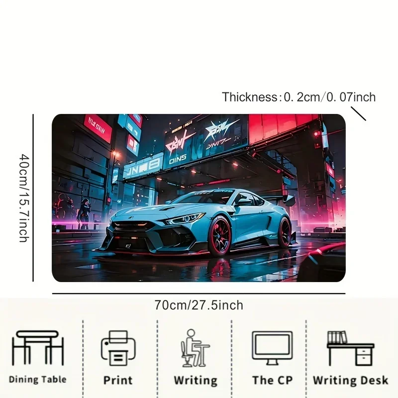 Tapis de souris de jeu extra large avec design de voiture de sport bleu de style de rue, tapis de bureau rectangulaire à base en caoutchouc, bord de précision, lavable