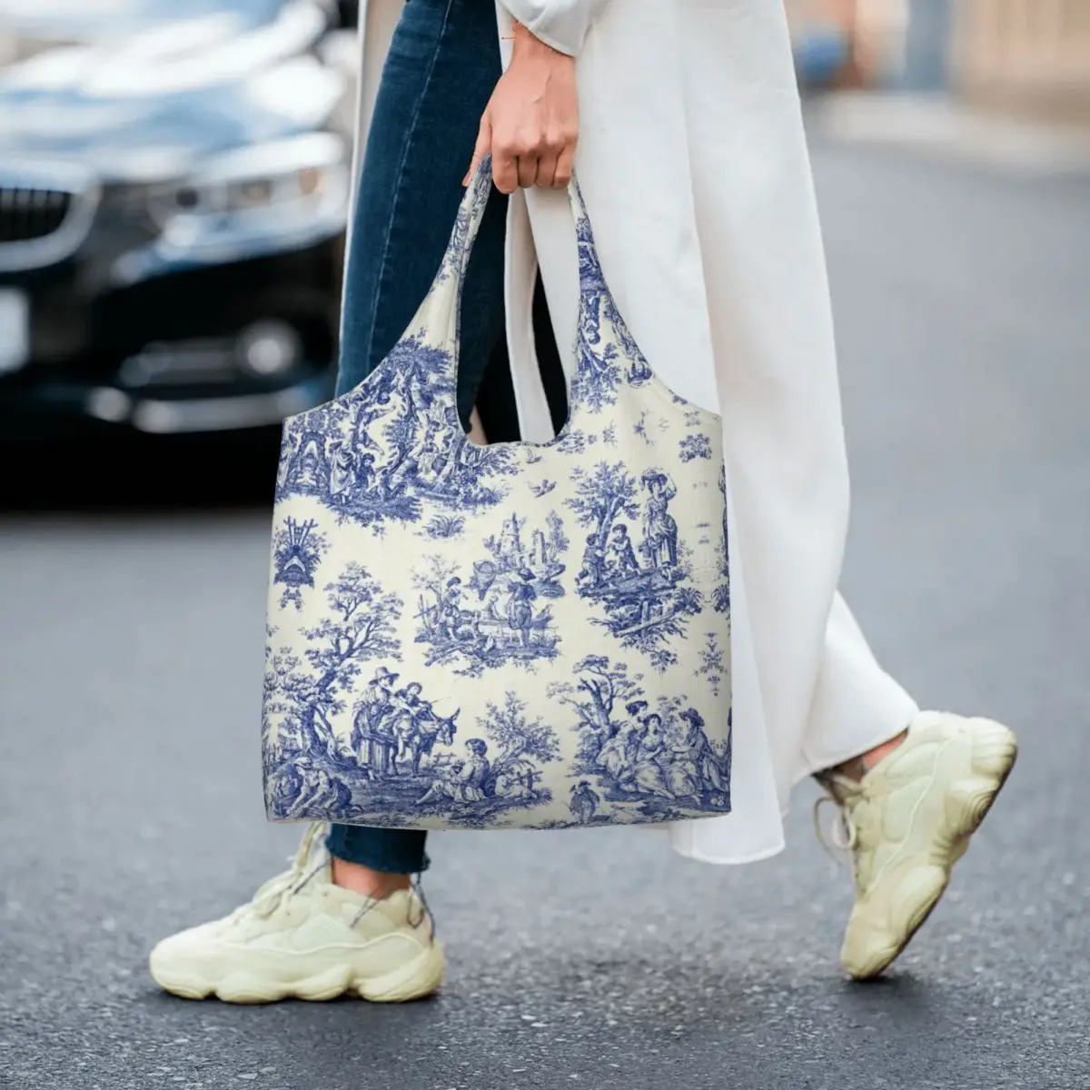 Custom French Navy Blue Toile De Jouy Motif Shopping Bag Canvas Shoulder Tote Bag Portable Traditional Groceries Shopper Bags