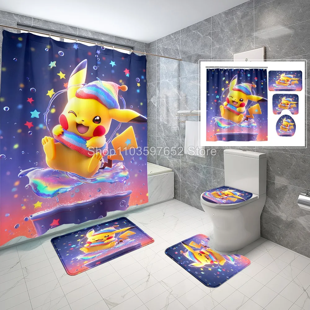 Pikachu Pokemon Anime 3D Printing Shower Curtain Set Shower Curtain Bath Drapes Set Bathroom Mat Toilet Home Decor Kids GIfts