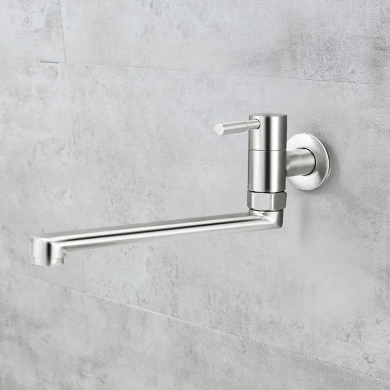 Grifo de cocina con rotación de 180 grados, fregadero, fregona, piscina, acero inoxidable, alargado, montado en la pared, grifos de agua fría