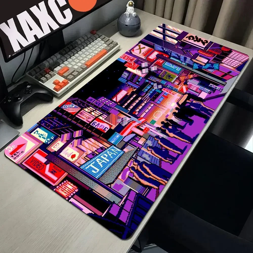 Retro Neon Tokyo Street Pixel Art Mousepad Japan Anime Skyline city Desk Mat XXL Gaming Mouse Pad Extended Keyboard Table Mats