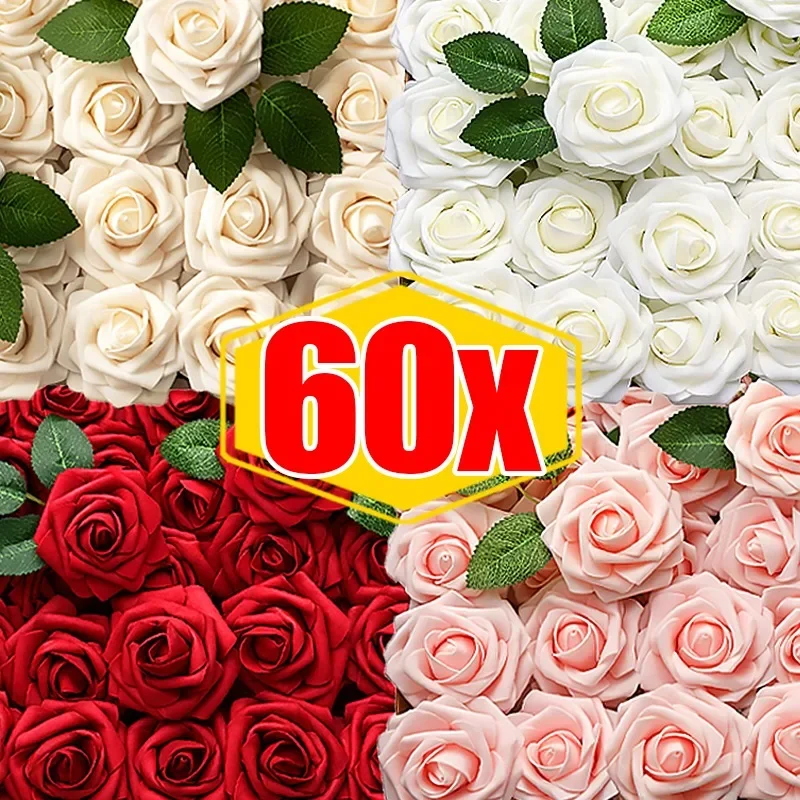 60/5Pcs Artificial Roses Flowers Foam Fake Rose Heads with Stems for DIY Wedding Bouquets Home Party Tables Decorations Supplies