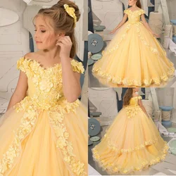 Yellow Flower Girls Dresses Appliques Lace Corset Back Girls Pageant Birthday Prom Gown First Communion Gowns