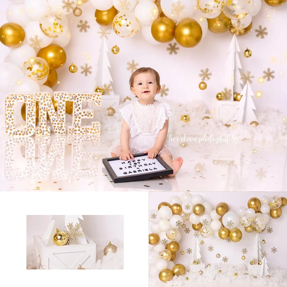 

Gold and White Balloon Arch Birthday Backdrop Kids Baby Cake Smash Photography Props Child Adult Photo Shoot Backgrounds