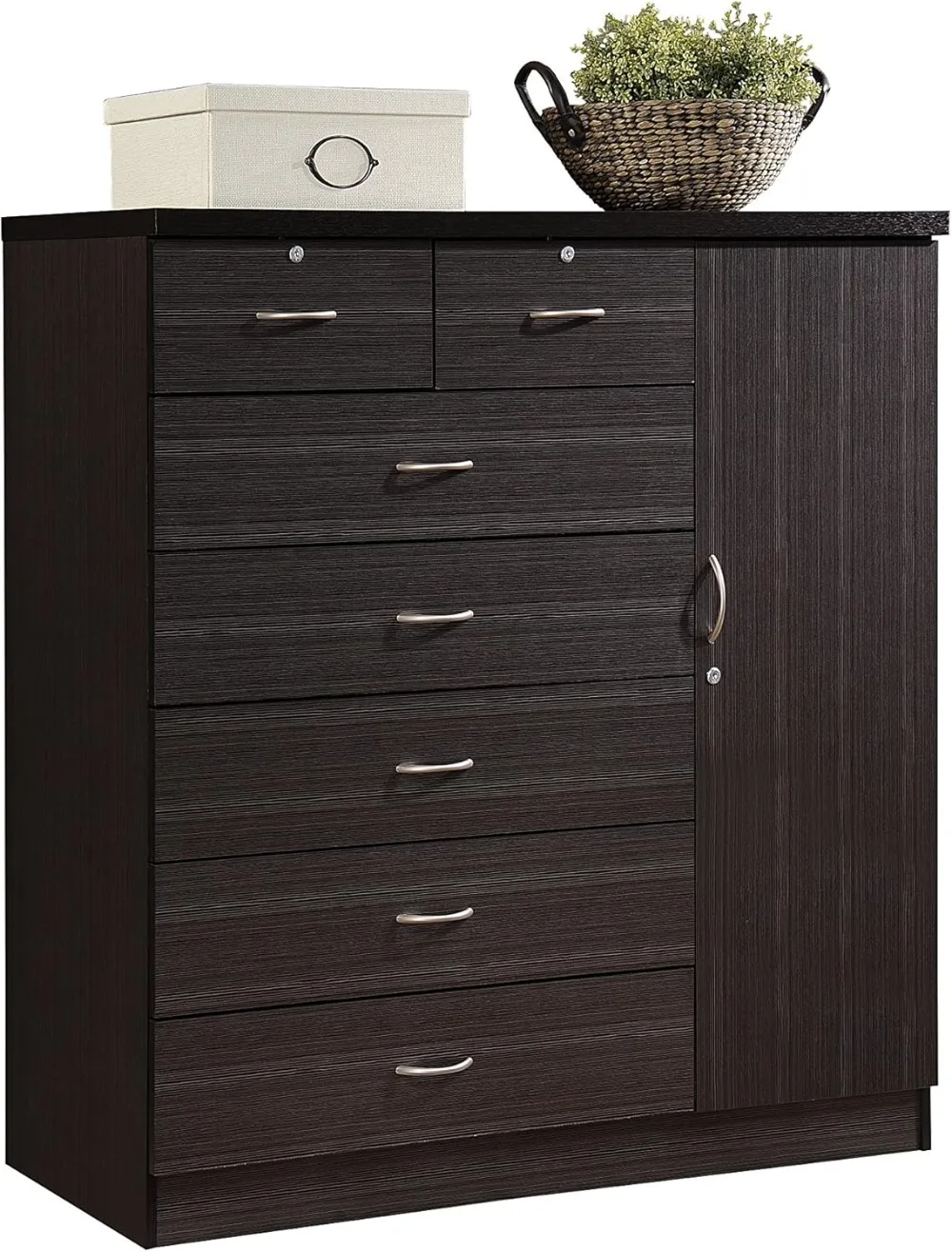 

Hodedah 7 Drawer Jumbo Chest, Five Large Drawers, Two Smaller Drawers with Two Lock, Hanging Rod, and Three Shelves | Chocolate