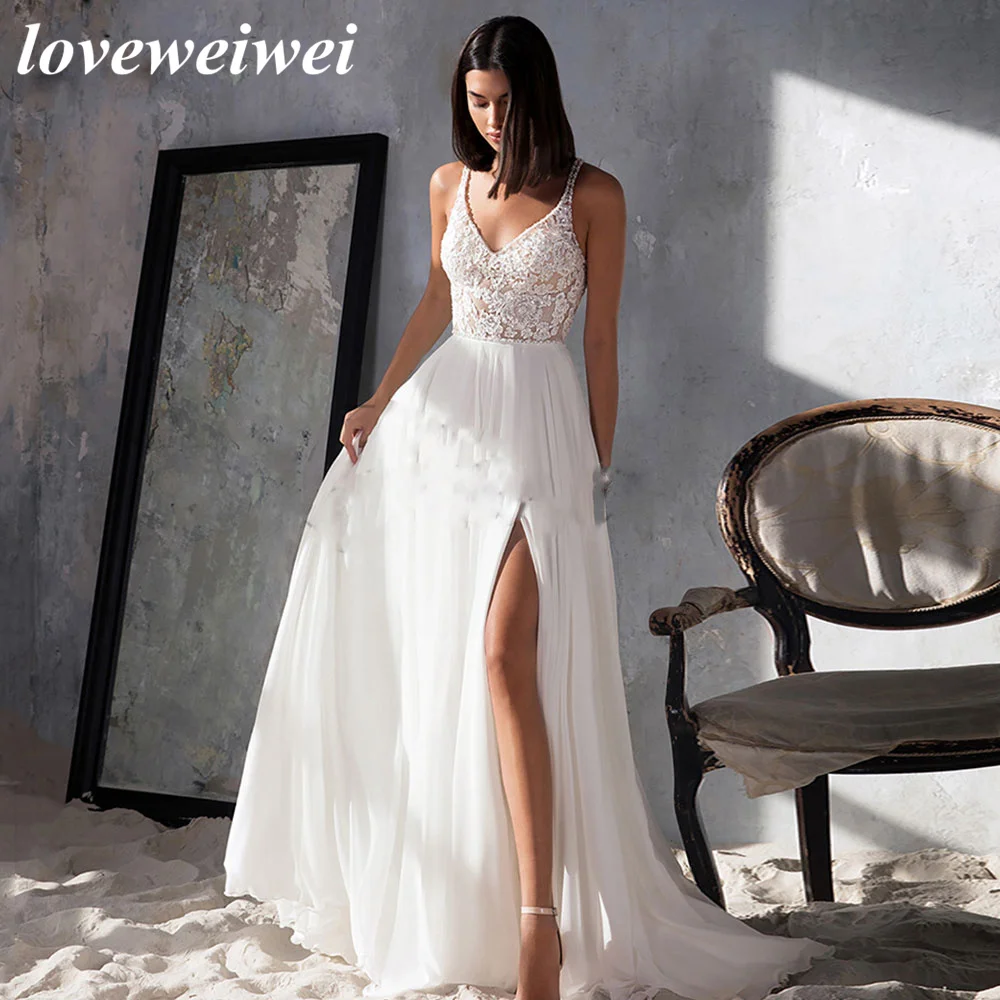 Simple V-Neck Front High Split Wedding Dresses For Women Custom Made 2022 Lace Appliques Chiffon Spaghetti Straps Bridal Gown