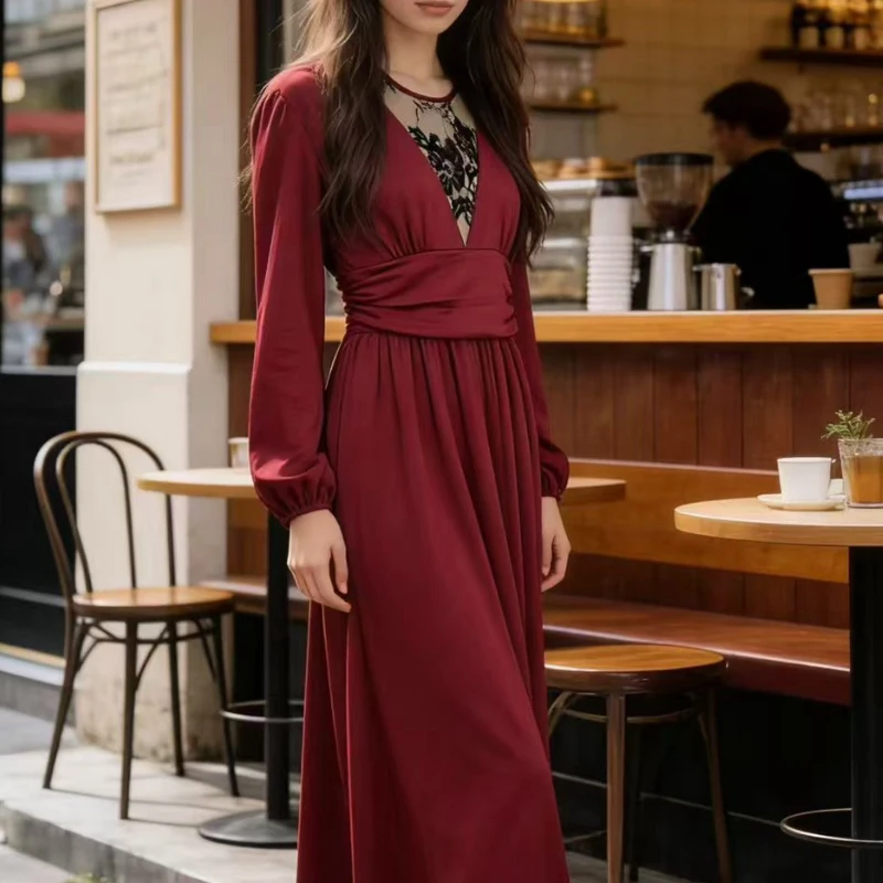 

Женское платье SuperAen во французском стиле с длинными рукавами и V-образным вырезом, весна 2026, новая модная коллекция, элегантное, приталенное, А-силуэт