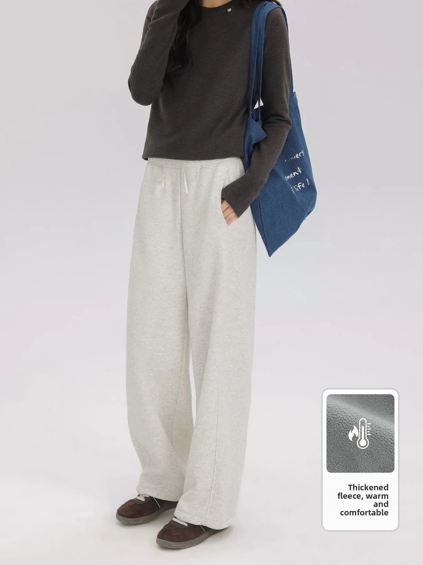 Gray Thick Fleece Casual Pants Women's High Waist Elastic Cotton Straight Leg Warm Leisure Trousers Adjustable Drawstring