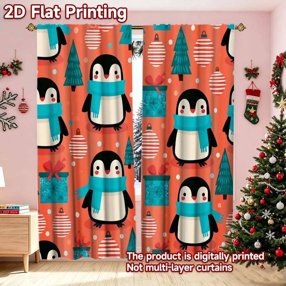 2D flat printing 2pcs Classic Hot Christmas Curtains Christmas Penguins and Trees Beautiful and stylish, 100% polyester fiber