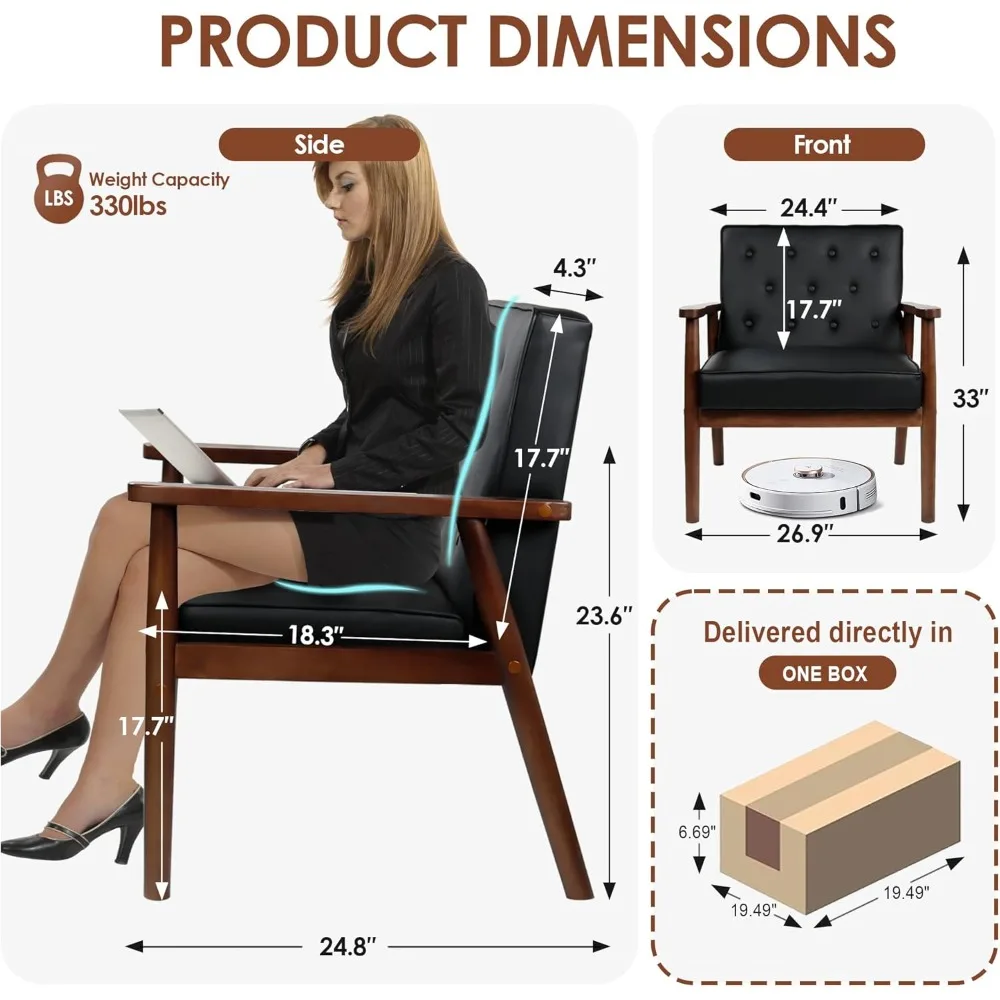 مجموعة كراسي بذراعين من الخشب الصلب على الطراز الحديث في منتصف القرن مكونة من 2 كراسي مصنوعة من الجلد الصناعي الأسود لغرفة المعيشة ومناطق الانتظار