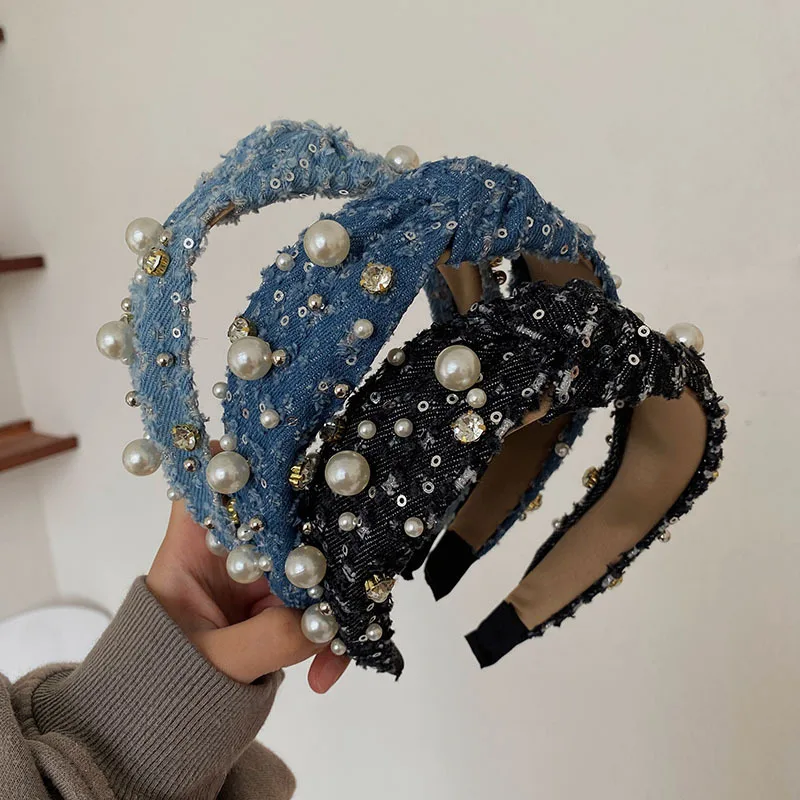 6PCS/LOT Retro Denim Pearl Knot Wide Hairband with High-End Style Women Daily Popular Face-Framing Headbands Girls Hair Headband