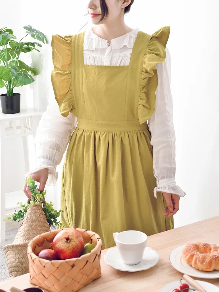 Aprons Korean Version Cotton Sweet Pleats Literary Draw Floral Art Work Clothes Household Cleaning Tools Practical