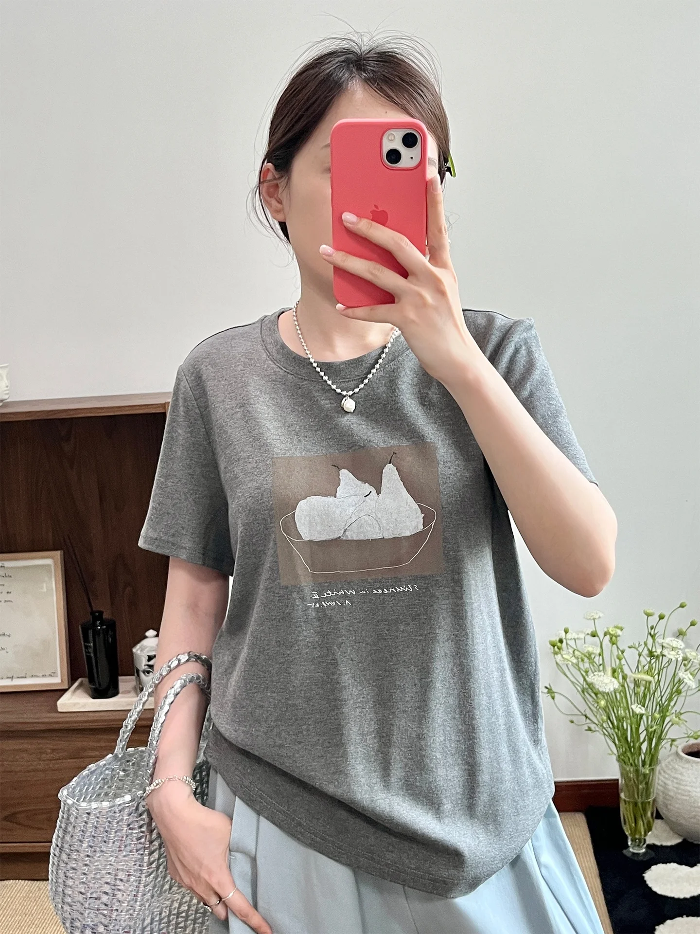 Camiseta Wini Minimalist Line gris, camiseta holgada de verano de manga corta para mujer, estilo informal, cuello redondo, mezcla de algodón y poliéster