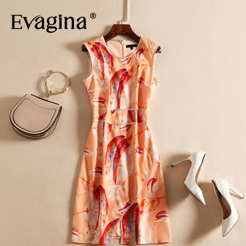 

Evagina New Fashion Runway Designer Dress Women's Sleeveless Elegant Print High Street S-XXL Orange Mini Dresses