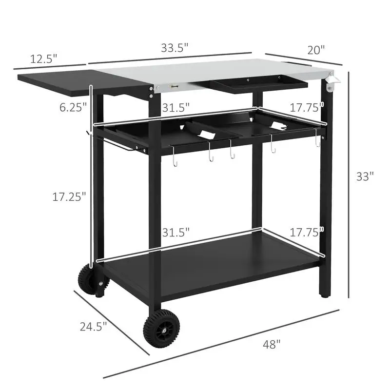 Wózek barowy na zewnątrz z blatem ze stali nierdzewnej, wyspa kuchenna na kółkach, 2 poziomy i półka na przyprawy, wózek do serwowania na patio z haczykami.