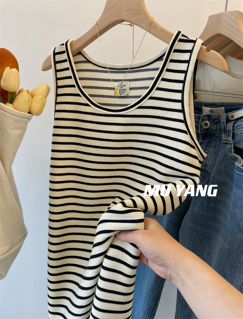 

Street Style High Waist Long Stripe Vest Dress Women's A-Line Midi Dress Comfortable Lazy B-Style Simple Korean round Neck Dress