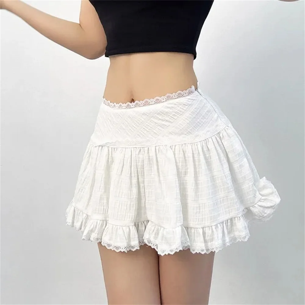 Kawaii Balletcore Ruffled Mini Short Skirt with Lace Trim Low Rise Tiered White Skirt Chic Summer Women TeenGirl Y2K Goth Outfit