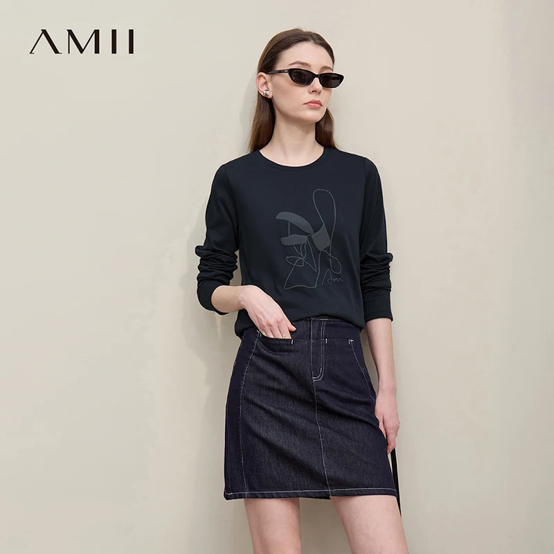 

Amii Women's Long Sleeve T-Shirt 2026 Spring Artistic Foam Print Cotton O-Neck Tee Casual Versatile Women's Tee Shirt 12611036